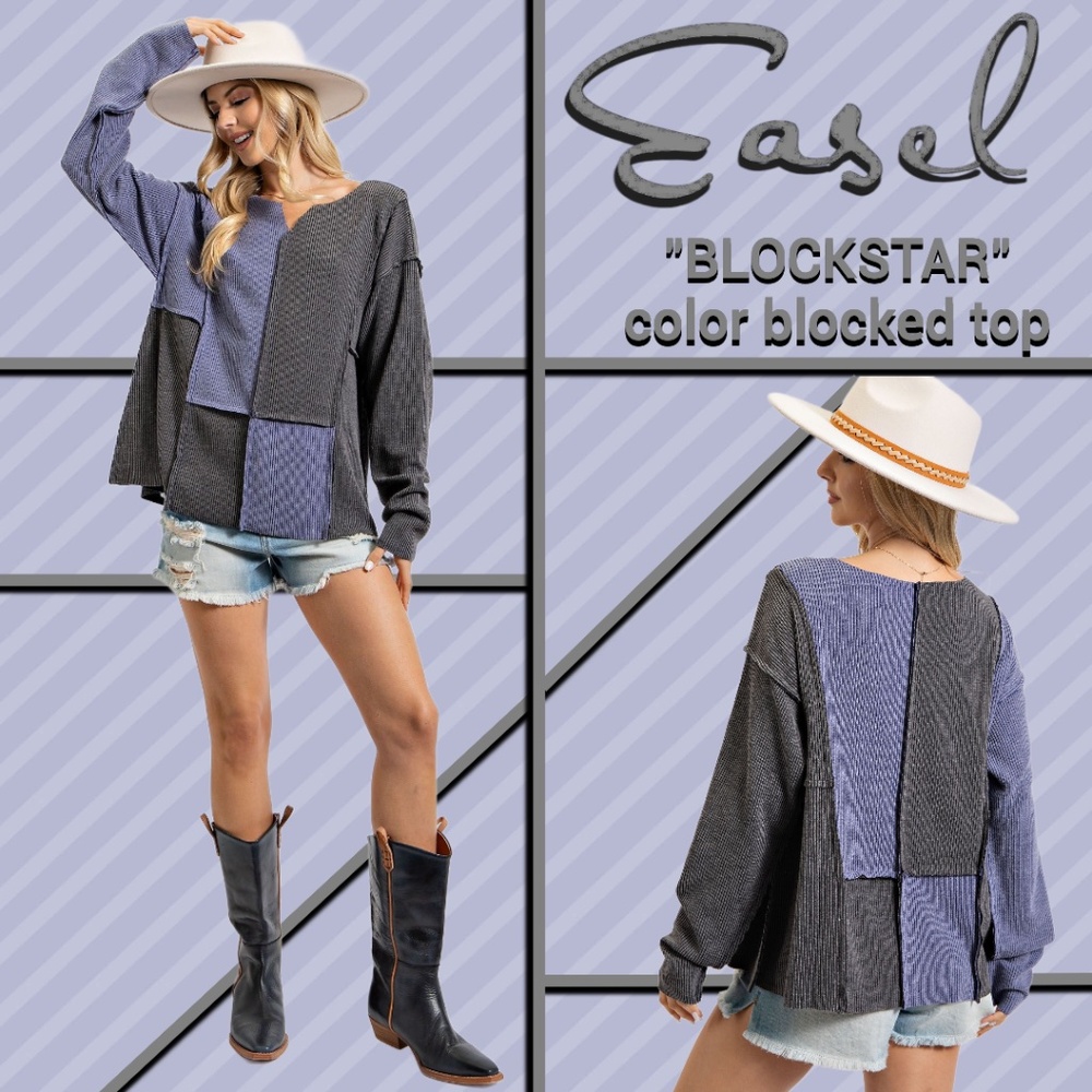 EASEL "Block Star" Rib Knit Color Block Out-Seam & Raw Details Tunic Length Top